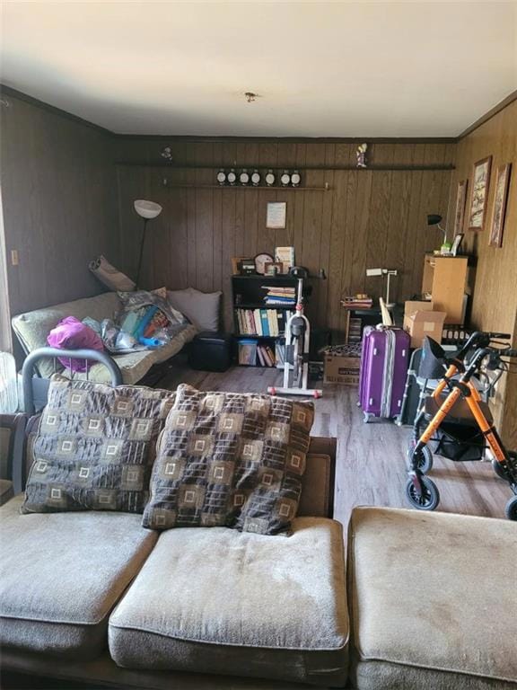 Living room featuring wooden walls and wood finish