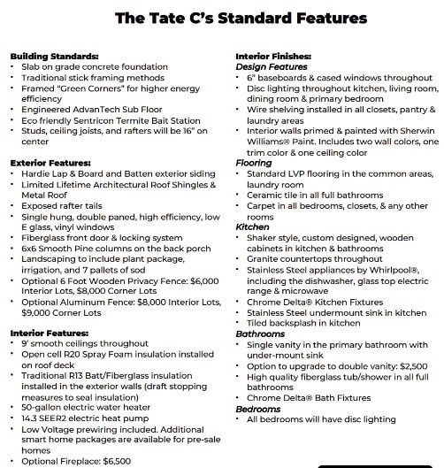 Tate C Standard Features -  All plans, pricing and