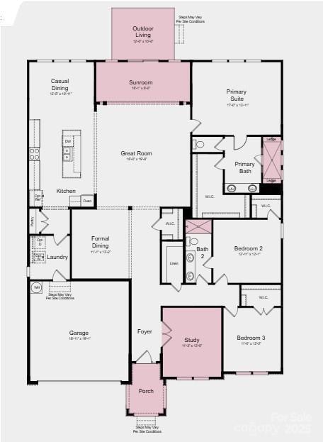 Additional highlights include: study, walk in shower at bath 2, spa shower in primary bath, sunroom with outdoor living space. 