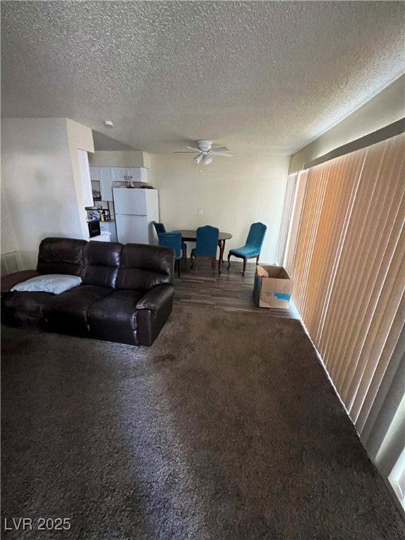 Living area with ceiling fan, a textured ceiling,