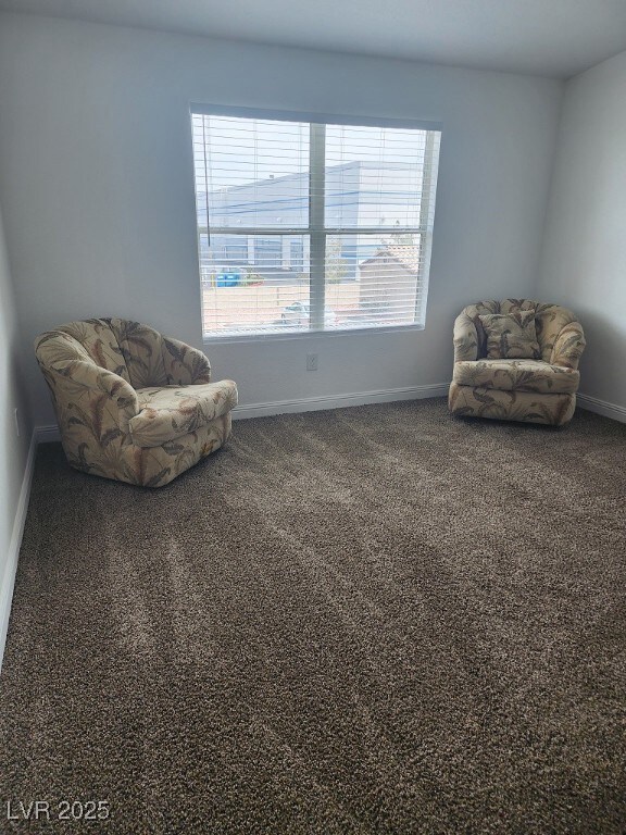 Living area featuring carpet and baseboards