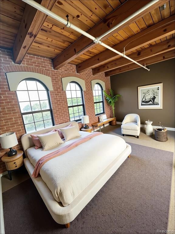 Bedroom featuring brick wall and a wood ceiling with exposed beams