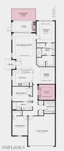 Additional Highlights Include: Tray ceiling at great room/primary suite/dining room/study, study with double pocket doors in place of flex, 8' interior doors, extended screened patio, additional sink at bath 2, and outdoor kitchen rough-in.