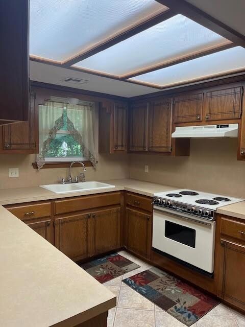 Kitchen featuring electric range, sink, and light 
