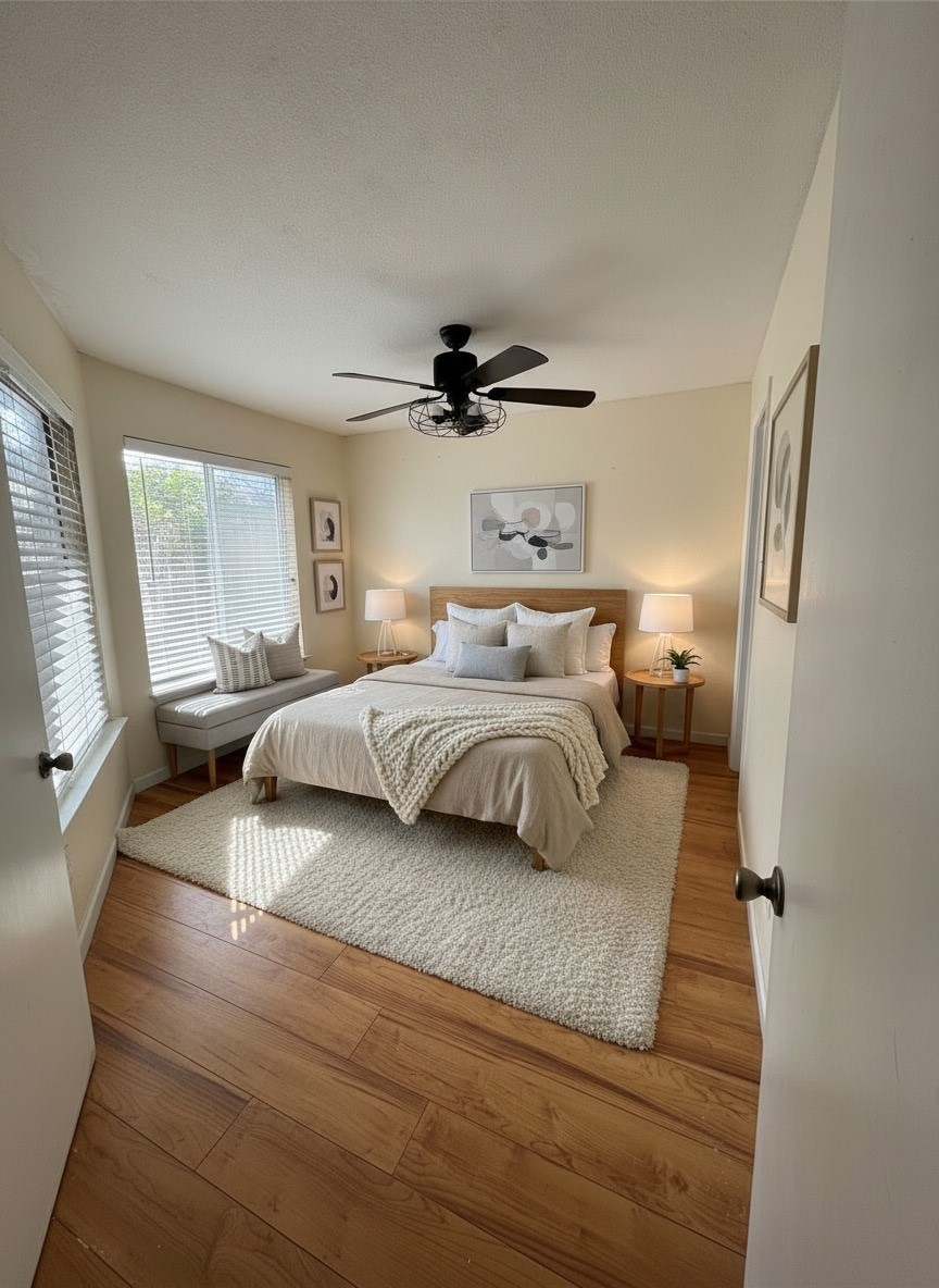 Bedroom with wood finished floors, a ceiling fan, and a textured ceiling