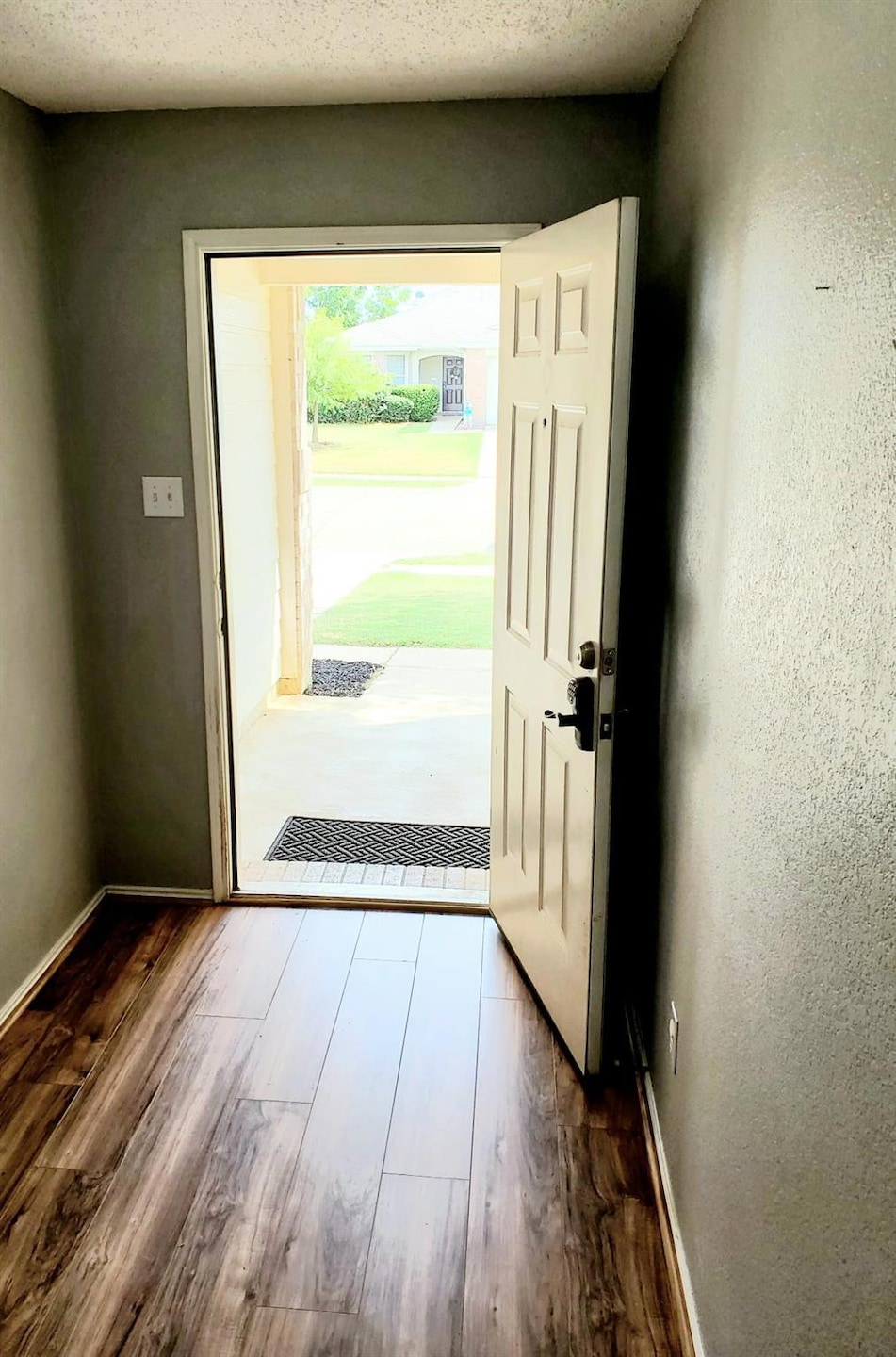 Doorway with dark hardwood / wood-style floors