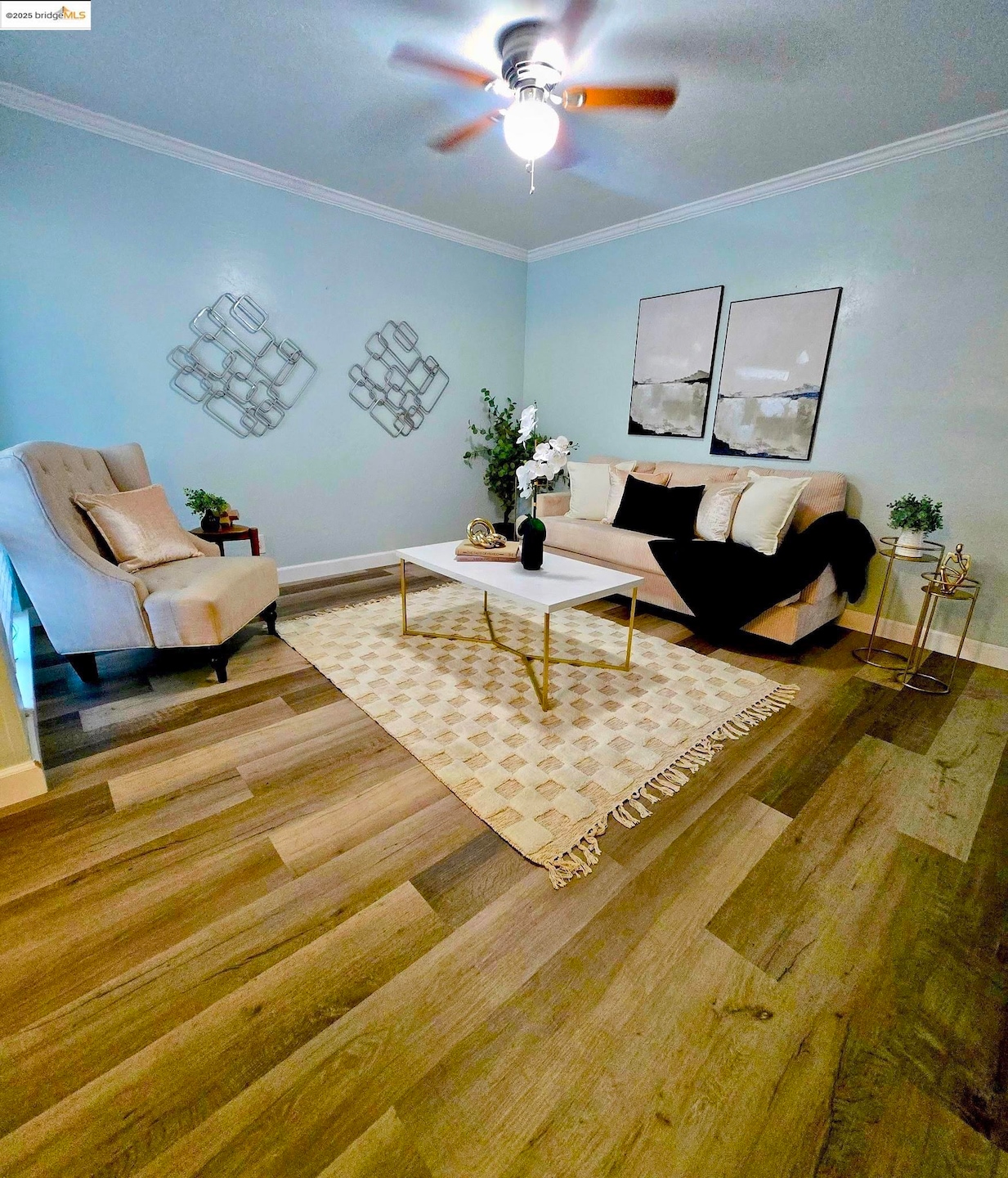 Living area featuring crown molding, wood finished floors, and ceiling fan
