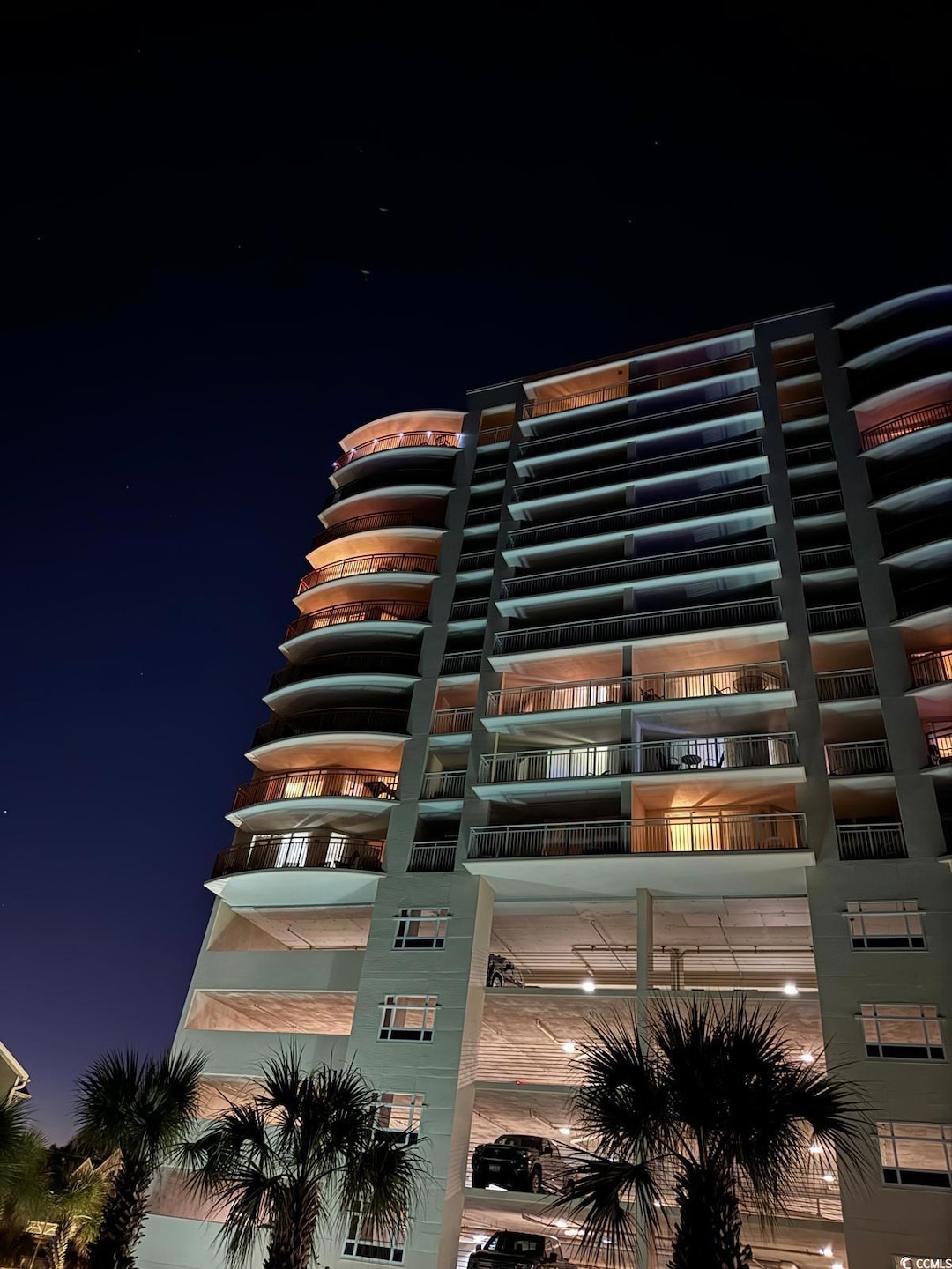 Beautiful Building in the evening!  This unit is Penthouse (PH7) on the top floor, end unit (left side) that is most desirable!  South Shore Villas is in the ideal location in North Myrtle Beach where traffic isn't quite as bad in peak times of summe