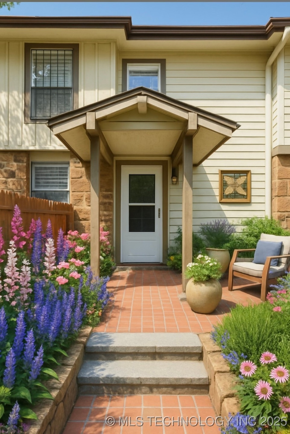 AI generated front entrance with spring flowers and different decor.