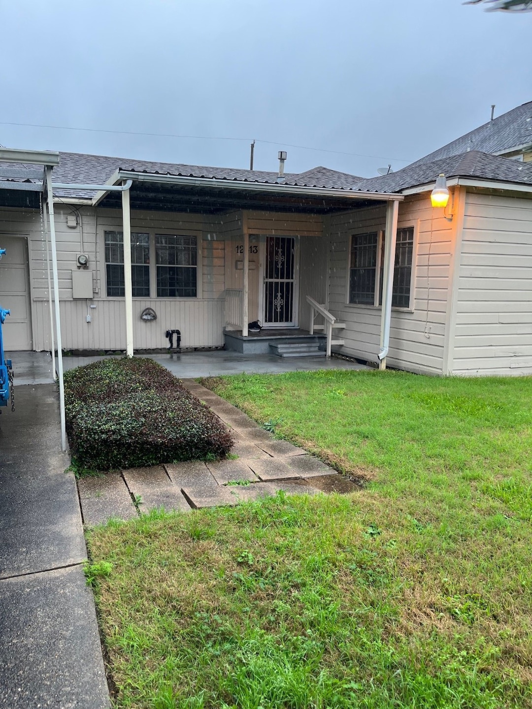 This photo shows the front view of a cozy, single-