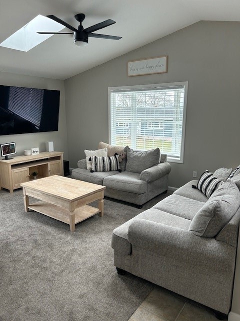 Vaulted ceilings, ceiling fan, tile floor, carpet