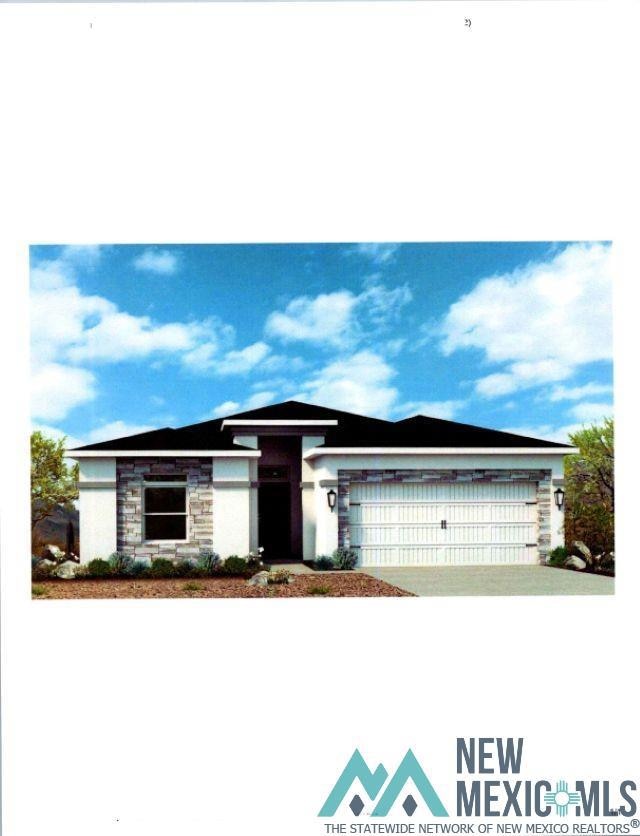 View of front of home featuring stone siding, a garage, driveway, and stucco siding