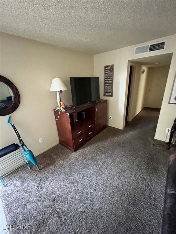 Carpeted living area featuring a textured ceiling