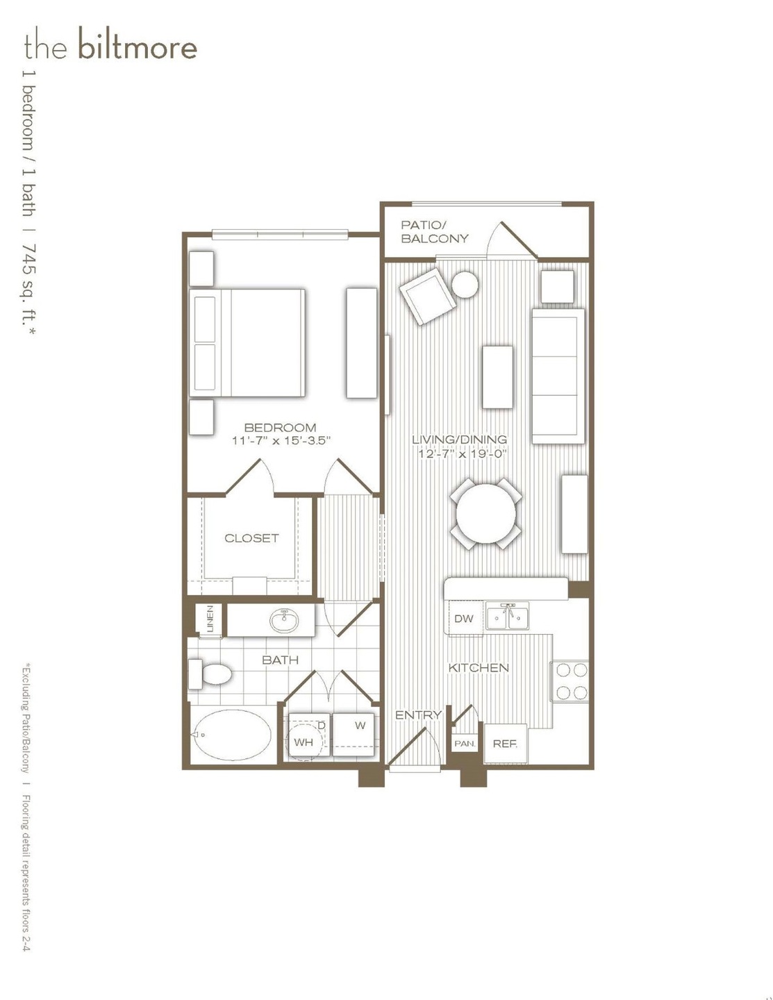 Floor plan of this 745sf (per seller) 1 bedroom/1