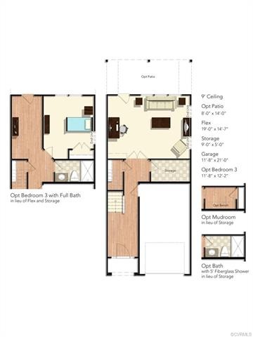 First Floor Layout - this home will have a closet in the Flex Room creating Bedroom 3 and home has the opt full bath.
