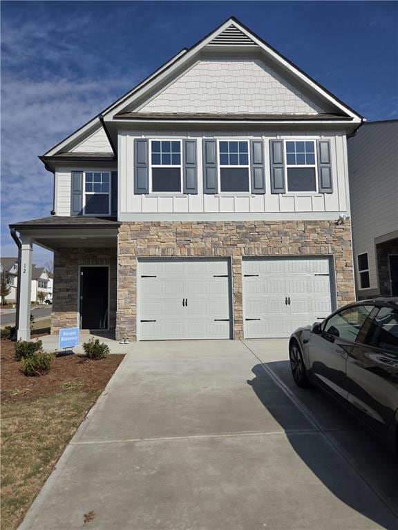 Craftsman-style house featuring stone siding, concrete driveway, a garage, and a porch