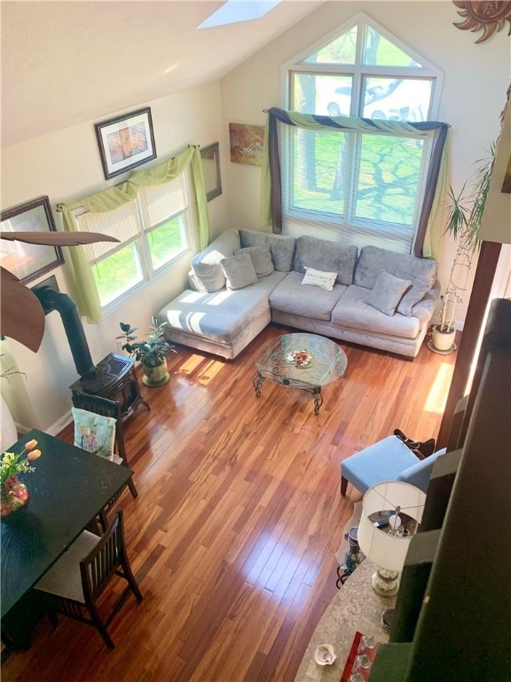 Glancing down at living room hardwoods from second