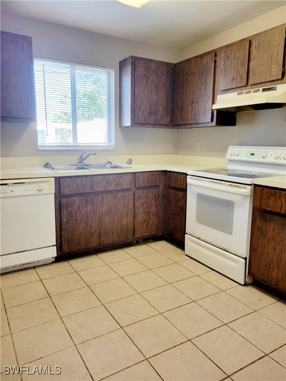 Kitchen with sink, white appliances, and dark brown cabinets