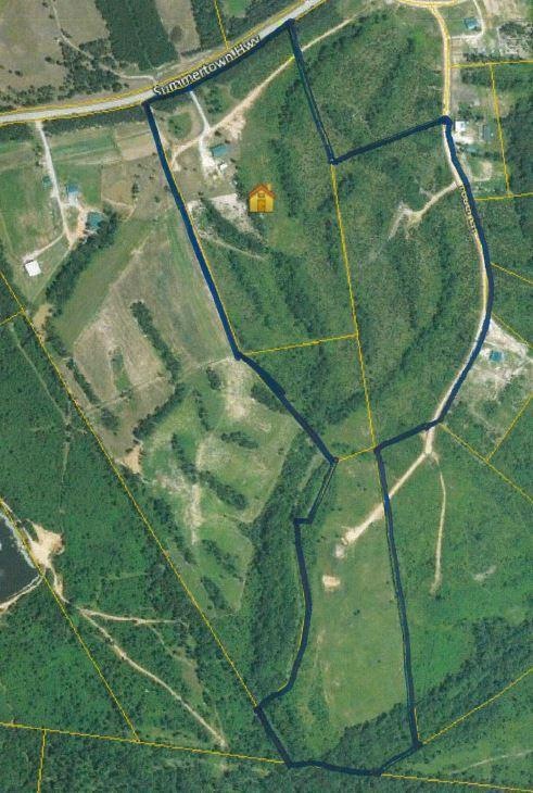 This shows the entire property. All 3 parcels add up to 51.37 acres. There are 3 buildings - a commercial building, a big garage, and a home.