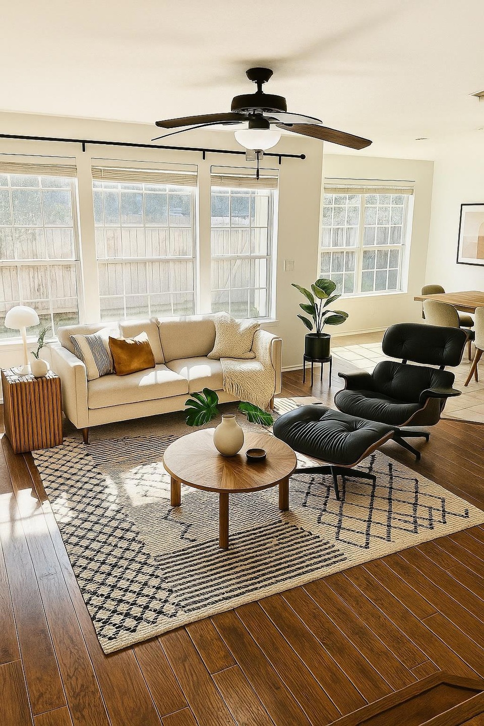 Spacious living room with soaring ceilings, wood-look flooring, and plenty of natural light from large windows.