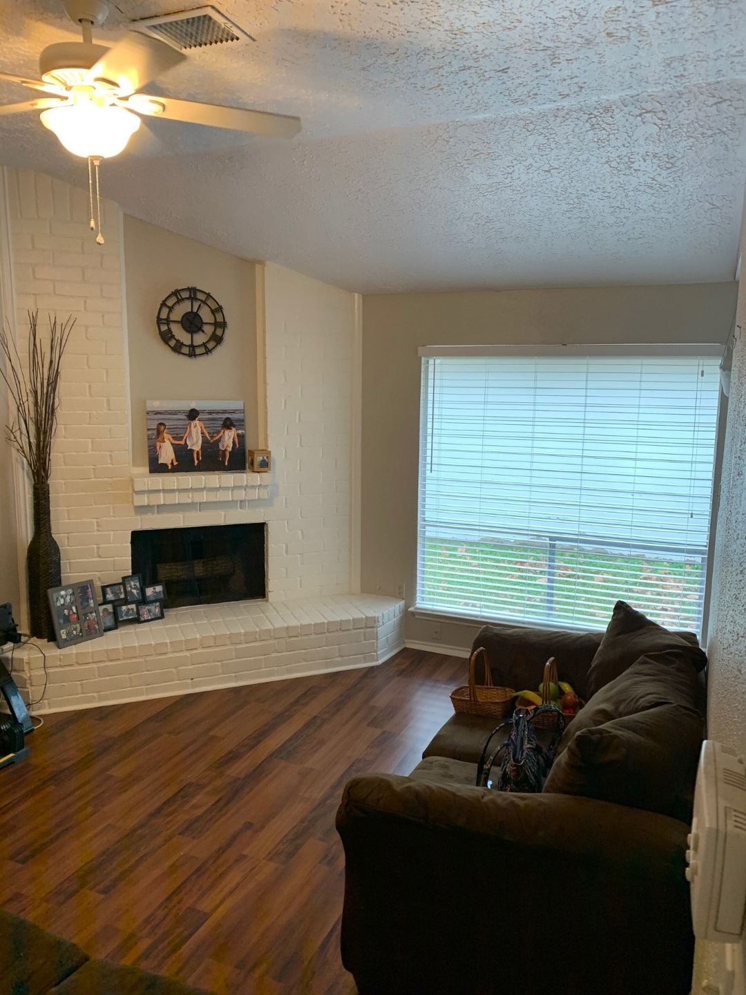 Beautiful, family room with wood-burning fireplace.  Neutral painted walls and fireplace in this room and a big window for lots of natural light.