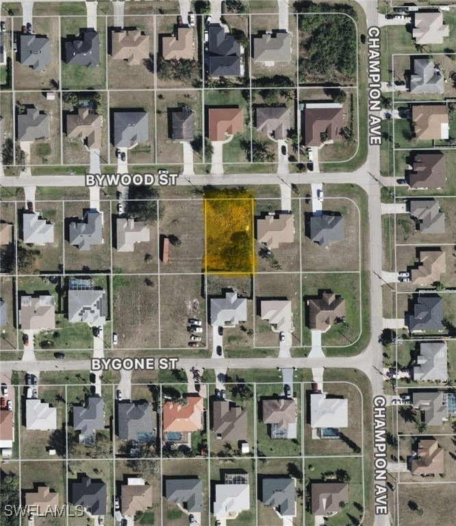 Aerial overview of property's location featuring property parcel outlined