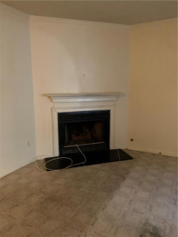Interior details featuring carpet flooring and orn