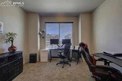 Home office or bedroom with light colored carpet a