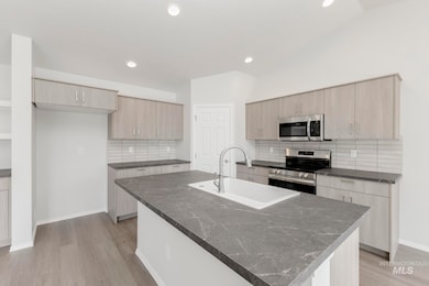 Kitchen featuring tasteful backsplash, appliances with stainless steel finishes, light brown cabinetry, light wood-style flooring, and recessed lighting