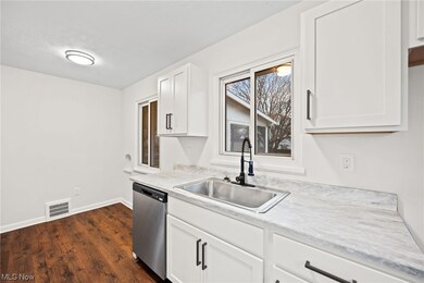 Kitchen featuring dark wood-type flooring, sink, stainless steel dishwasher, light countertops, and white cabinets