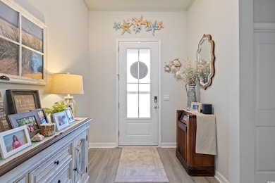 Entrance foyer with light wood-style floors