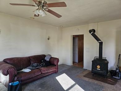 Living room with a wood stove, carpet floors, and ceiling fan