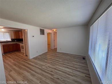 Unfurnished living room featuring a textured ceiling and light wood finished floors