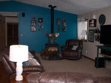 Carpet, Vaulted Ceiling, Wood Stove, open to Kitch