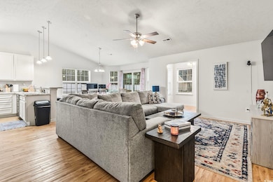 Living room with lofted ceiling, ceiling fan with 