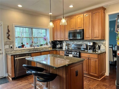 Kitchen with stainless steel appliances, a sink, backsplash, dark stone counters, and dark wood-style floors