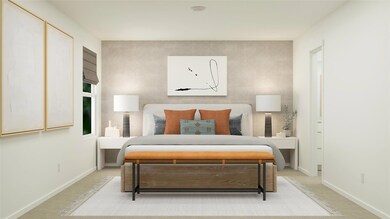 Carpeted bedroom featuring tile walls and baseboar