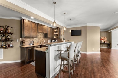 Indoor wet bar with dark wood-style flooring, deco