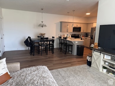 Living room featuring dark wood-type flooring and a chandelier