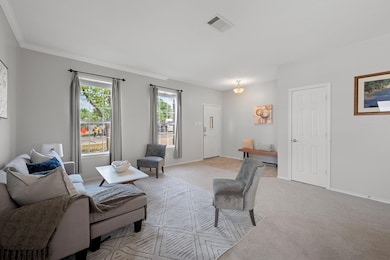 Living area with carpet flooring, baseboards, and