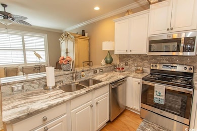 Kitchen featuring appliances with stainless steel finishes, a sink, a ceiling fan, crown molding, and decorative backsplash