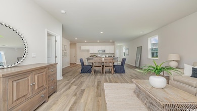 Living room with light hardwood / wood-style floor