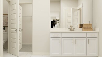 Luxurious primary bedroom and bath with separate vanities, oversized tile shower, and large walk-in closet. These are artist's renderings of staged rooms, not actual home listed, but our home will be completed soon.