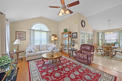 Living room featuring plenty of natural light, wood finished floors, and ceiling fan with notable chandelier