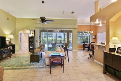 Family Room:  tile flooring, crown molding, 4-way 