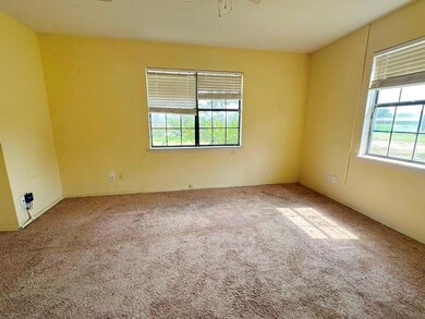 Empty room with carpet floors and a ceiling fan