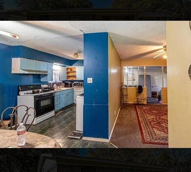 Kitchen with blue cabinetry, ceiling fan, stainles