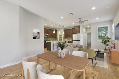 Dining space featuring a ceiling fan, recessed li