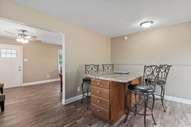 Interior space featuring ceiling fan and dark hard