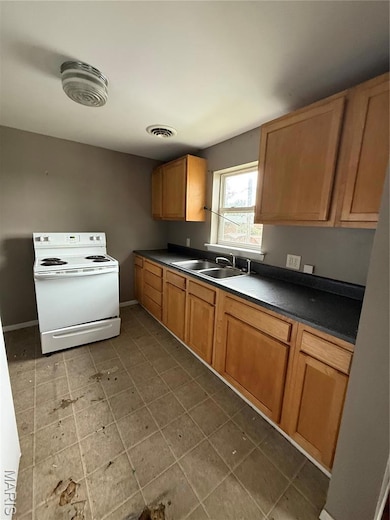 Kitchen with stove and dark countertops